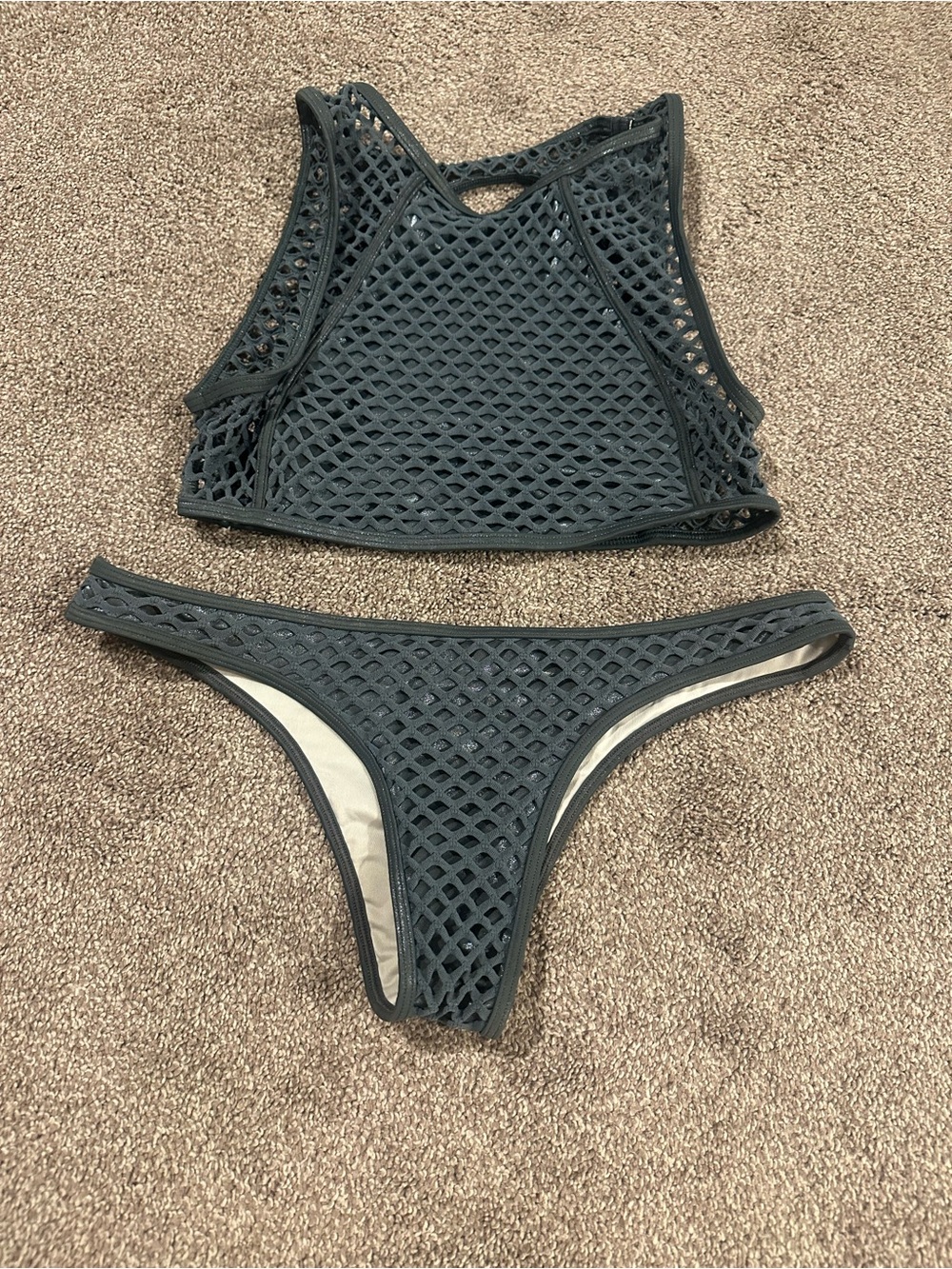 Victoria's Secret Dark Charcoal Textured Mesh High-Neck Bikini